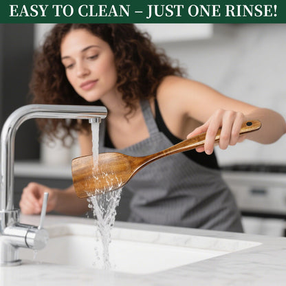 Bkiok Wooden Spatula for Cooking, Long Handle Teak Wood Spatula Set, Flat Turner and Slotted Spatula for Non-Stick Pans, Sautéing, and Flipping(2Pcs)