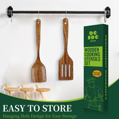 Bkiok Wooden Spatula for Cooking, Long Handle Teak Wood Spatula Set, Flat Turner and Slotted Spatula for Non-Stick Pans, Sautéing, and Flipping(2Pcs)