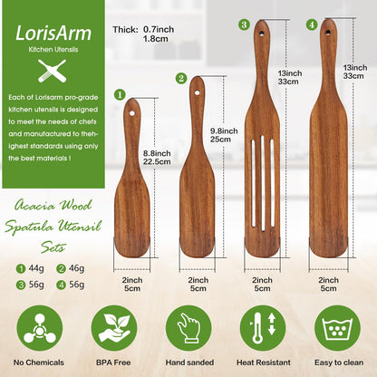 LorisArm Acacia Wood Spatula Utensil Sets, 4-Pack Wooden Spatulas Turner, Kitchen tool Wood Cooking Utensil.