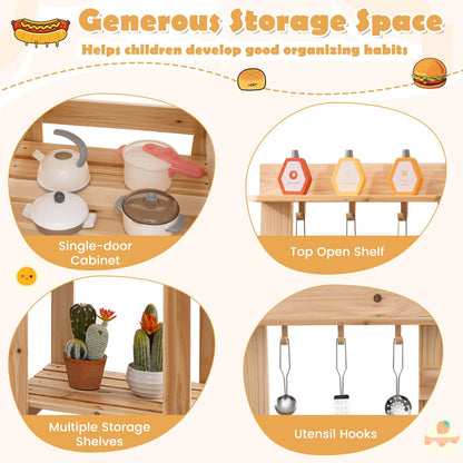 HONEY JOY Mud Kitchen, 3-Piece Modular Wooden Toddlers Play Kitchen/Pizza Counter Playset/Oven Barbecue Grill, Play Food and Accessories, Little Chef Pretend Mud Kitchen for Kids Outdoors, Natural