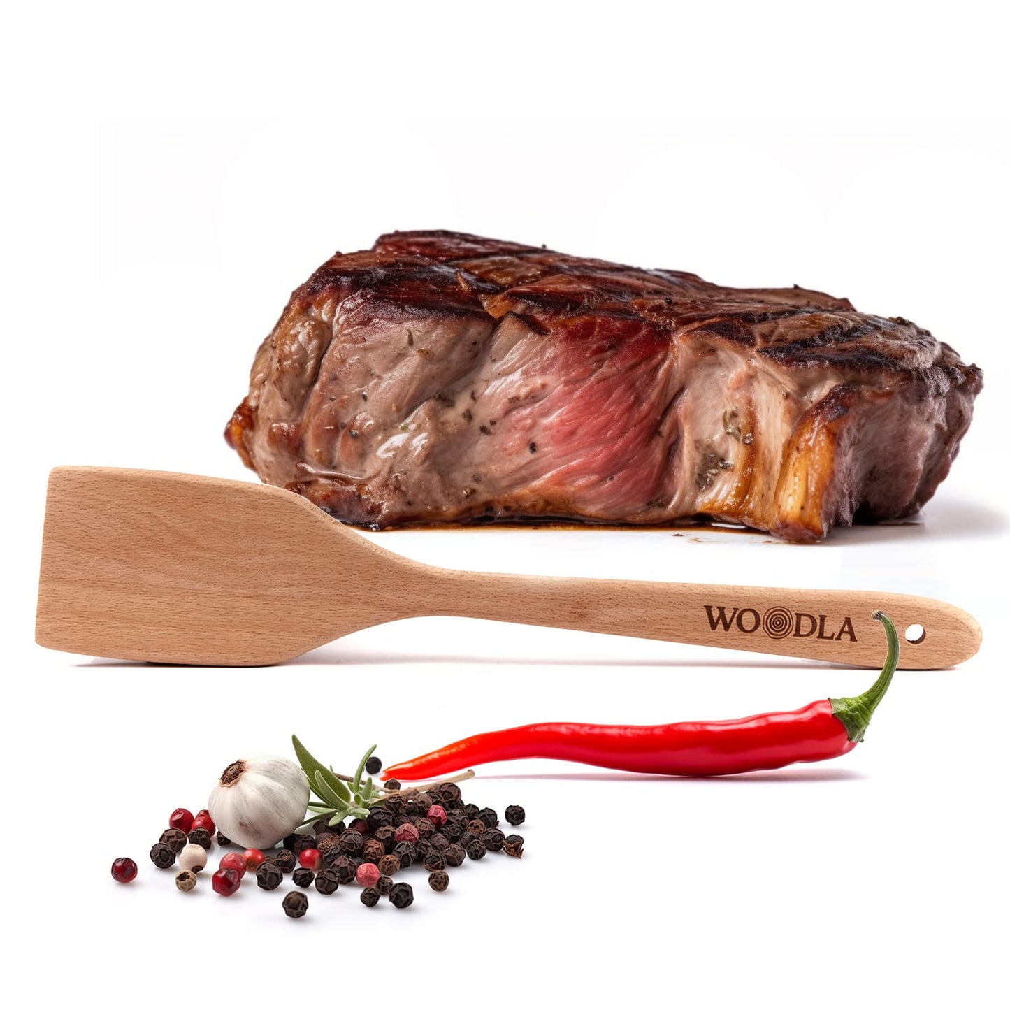 Woodla Wood Spatula Non Scratch Wooden Turner for Cast Iron & Nonstick Cookware Flat Long Handle Kitchen Utensil 14 Inch, Beech