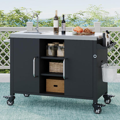 RUNNA Outdoor Kitchen Island with Sink, Metal Grill Cart Table with 304 Stainless Steel Sink, Outdoor Bar Cart Sink Station with 4 Lockable Wheels for Pizza Prep & BBQ, L 55.5" x W 20" H 36.7"