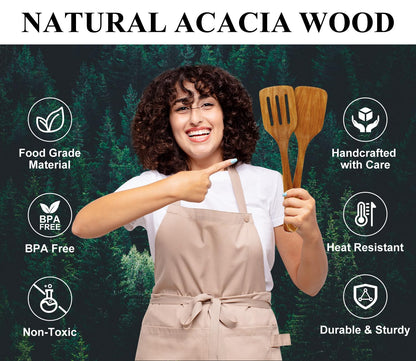 12 Inch Acacia Wood Spatula for Cooking Utensils Slotted Turner Best Non Toxic Spatulas Nonstick Flat Teak Wooden Spatula for Kitchen Use, Frying, Eggs, Pancakes Cooking Spatula Set Bamboo Utensil