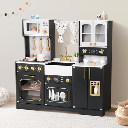 OOOK Modern Wooden Play Kitchen Set for Kids, Toddler Kitchen Playset with Real Lights & Sounds, Including 14 Pcs Accessories, Gift for Girls and Boys