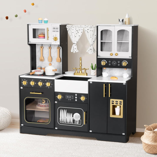 OOOK Modern Wooden Play Kitchen Set for Kids, Toddler Kitchen Playset with Real Lights & Sounds, Including 14 Pcs Accessories, Gift for Girls and Boys