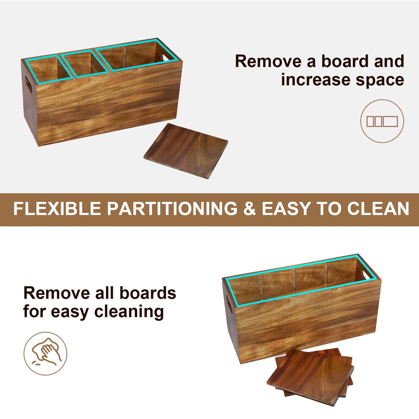 Guijinga Extra Large Kitchen Utensil Holder with 4 Compartments，Acacia Wood Utensil Holder Counter，Suitable for Kitchen Countertops to Store Tableware and Cooking Tools Wooden Utensil Organizer