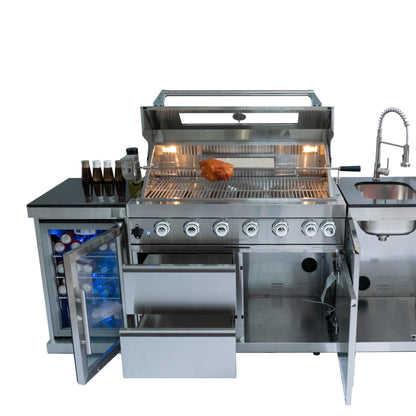 6-Burner 85000 BTU Stainless Steel Gas Outdoor Kitchen Bar Barbecue Modular Island Grill with Wine Cooler Compact Refrigerator + Rotisserie Kit + Granite Countertops + Storage Cabinets & Drawers