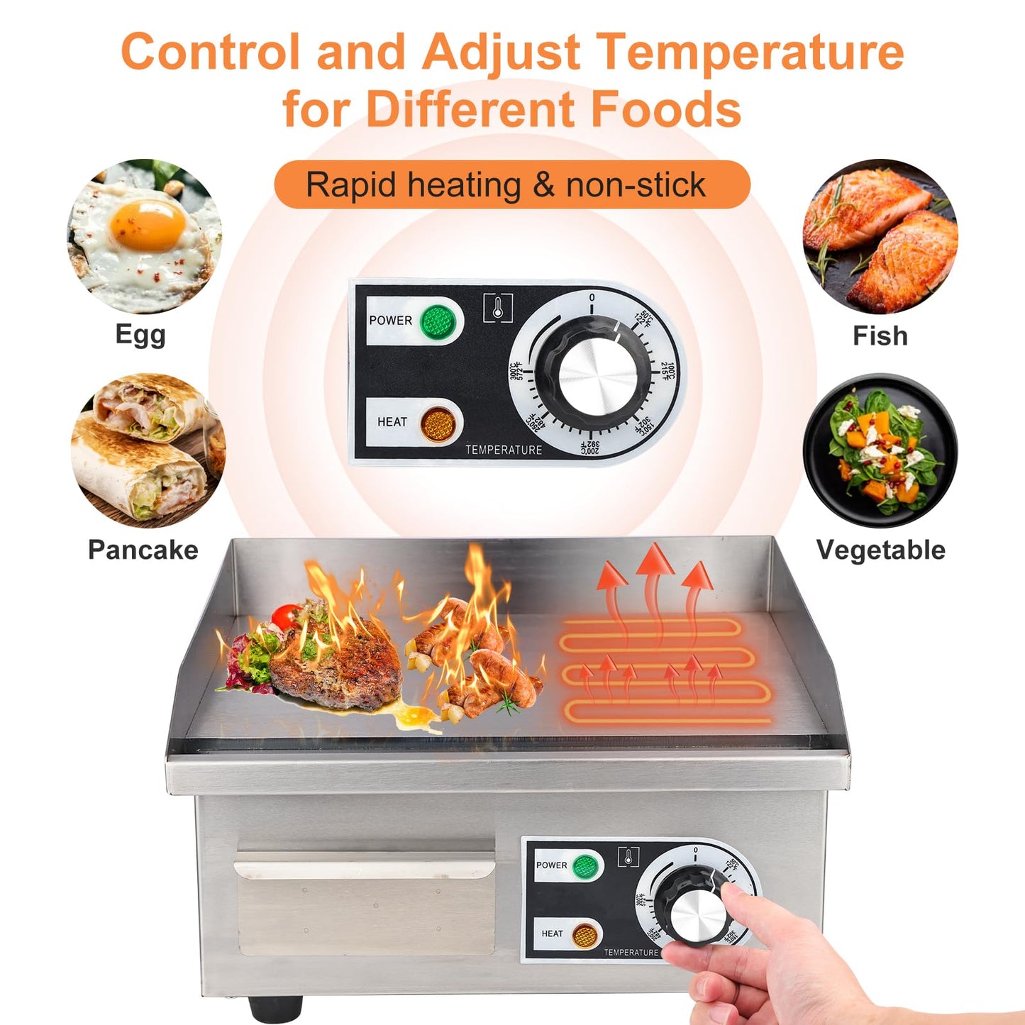 Commercial Electric Griddle, 14" Electric Countertop Flat Top Griddle,1600W 110V Non-Stick Electric Flat Top Grill Stainless Steel Teppanyaki Grill,122℉-572℉ Adjustable Temperature for Restaurant Home