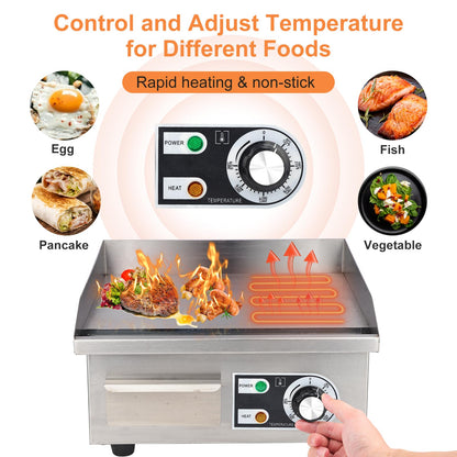 Commercial Electric Griddle, 14" Electric Countertop Flat Top Griddle,1600W 110V Non-Stick Electric Flat Top Grill Stainless Steel Teppanyaki Grill,122℉-572℉ Adjustable Temperature for Restaurant Home