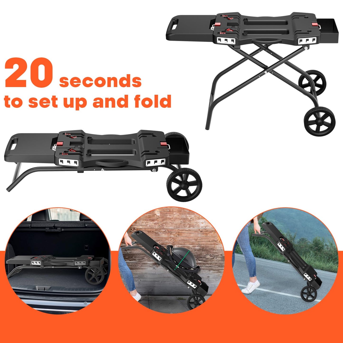 QuliMetal Portable Grill Cart for 17" & 22" Blackstone Griddles and Weber Q1000, Q1200, Q2000, Q2200 Series Grills - Durable, Foldable Cart Table with Wheels Hooks，BBQ Prep Table with Seasoning Tray