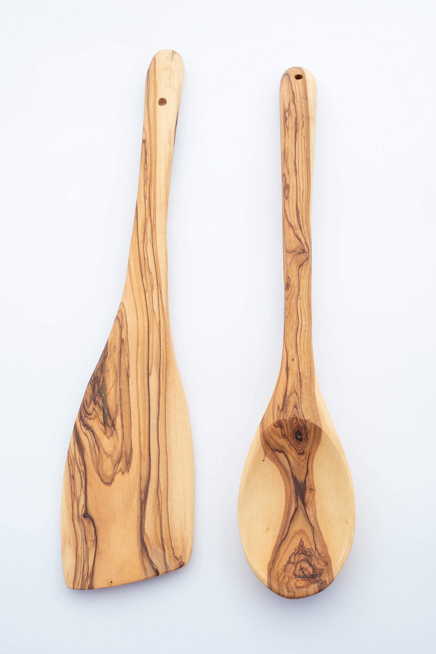 Handcrafted Olive Wood Cooking Spoon & Spatula (12 Inch Set of 2 Pieces) Carved by Talented Artists in Bethlehem, Practical Wooden Utensils Last for So Long, Resistant of Scratch