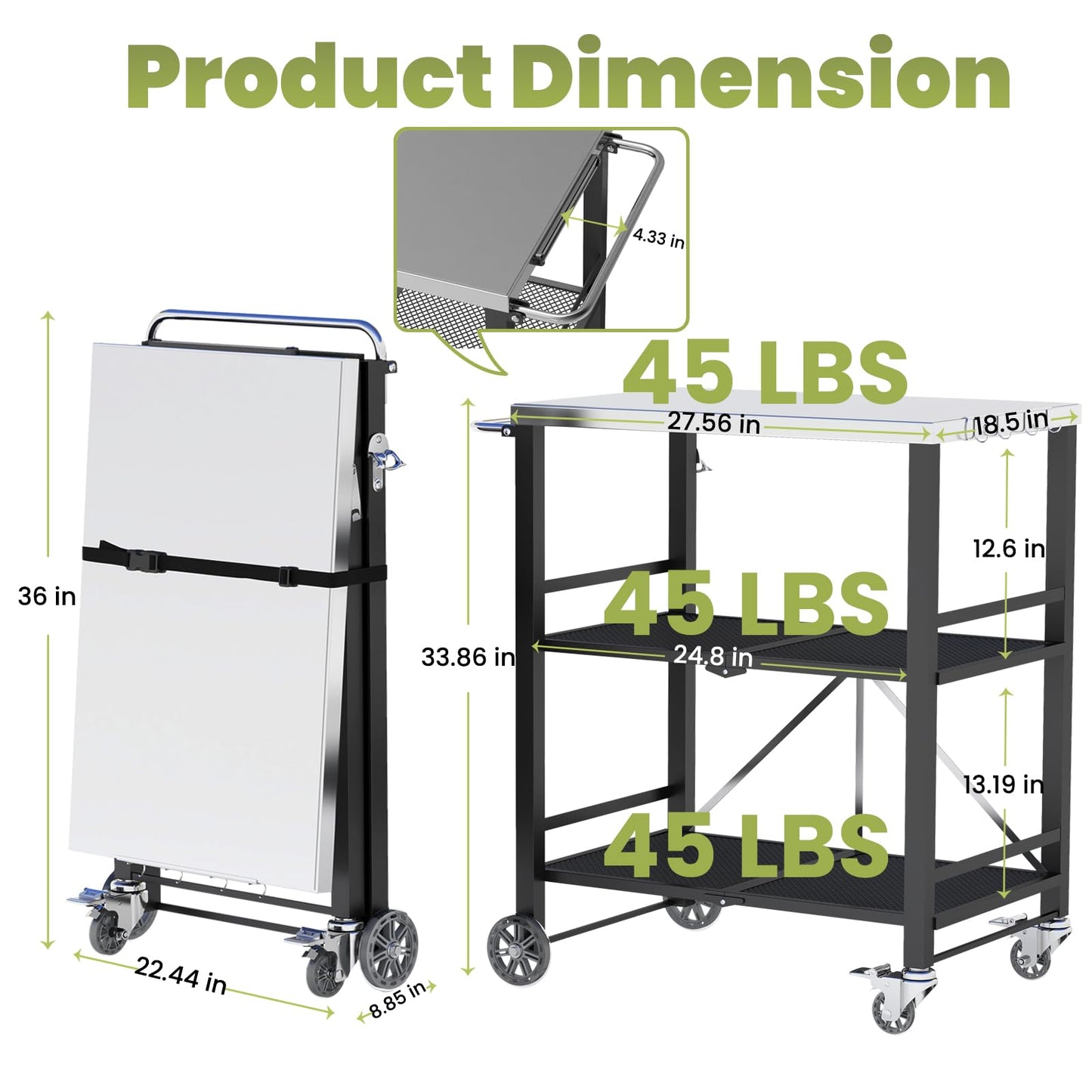 YORKING Foldable Outdoor Grill Cart, Stainless Steel 3 Tier Kitchen Cart with 2 Lock Wheels, Moveable BBQ Table Kitchen Island with Tool Hooks, Bottle Opener, for Home Party, Bar, Camping, Black