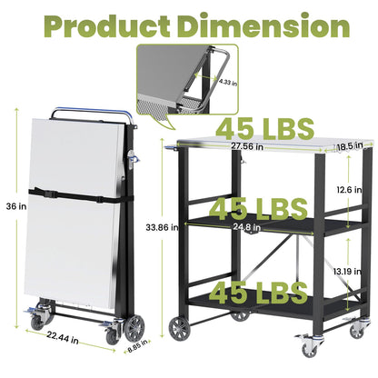 YORKING Foldable Outdoor Grill Cart, Stainless Steel 3 Tier Kitchen Cart with 2 Lock Wheels, Moveable BBQ Table Kitchen Island with Tool Hooks, Bottle Opener, for Home Party, Bar, Camping, Black