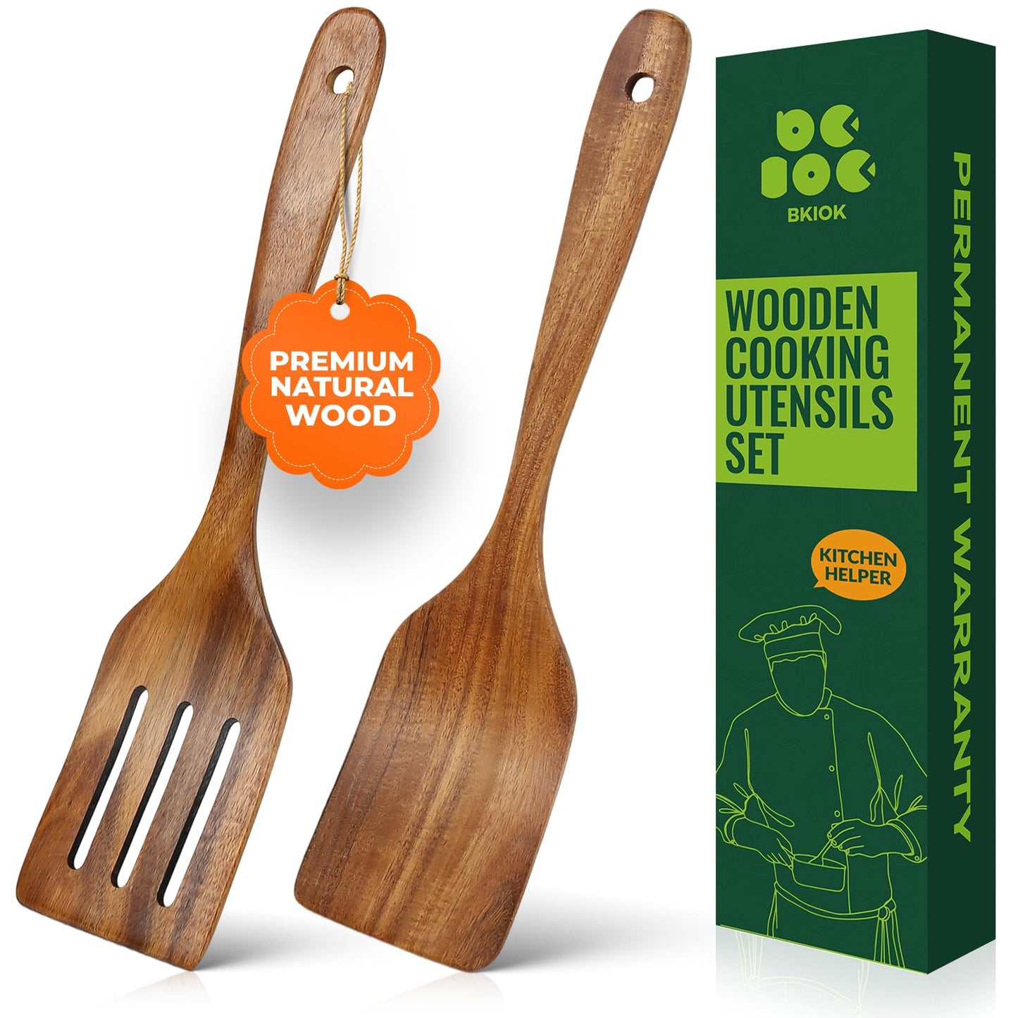 Bkiok Wooden Spatulas for Cooking, Teak Turner & Slotted Spatula Set for Nonstick Pans, Comfortable Grip Wooden Cooking Spatula (2Pcs)