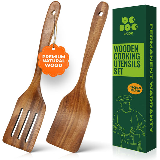 Bkiok Wooden Spatulas for Cooking, Teak Turner & Slotted Spatula Set for Nonstick Pans, Comfortable Grip Wooden Cooking Spatula (2Pcs)