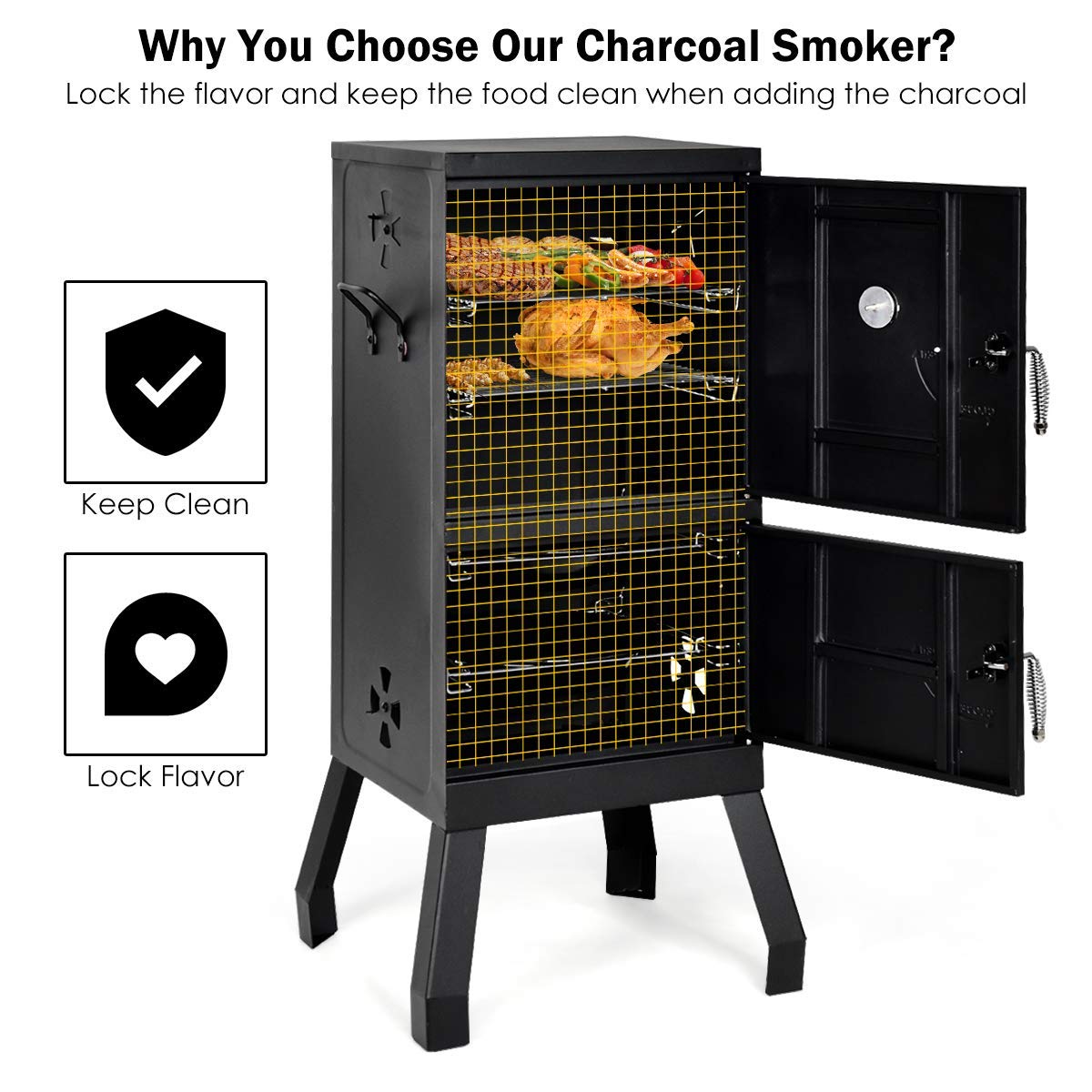 Giantex Outdoor Smoker with Double Doors, 2 Detachable Grill Netting Smoking Racks, Charcoal Pan & Water Pan, 4 Air Vents, Thermometer, Vertical Charcoal Smoker for Barbecue Camping Backyard Grill