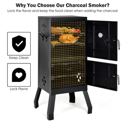 Giantex Outdoor Smoker with Double Doors, 2 Detachable Grill Netting Smoking Racks, Charcoal Pan & Water Pan, 4 Air Vents, Thermometer, Vertical Charcoal Smoker for Barbecue Camping Backyard Grill