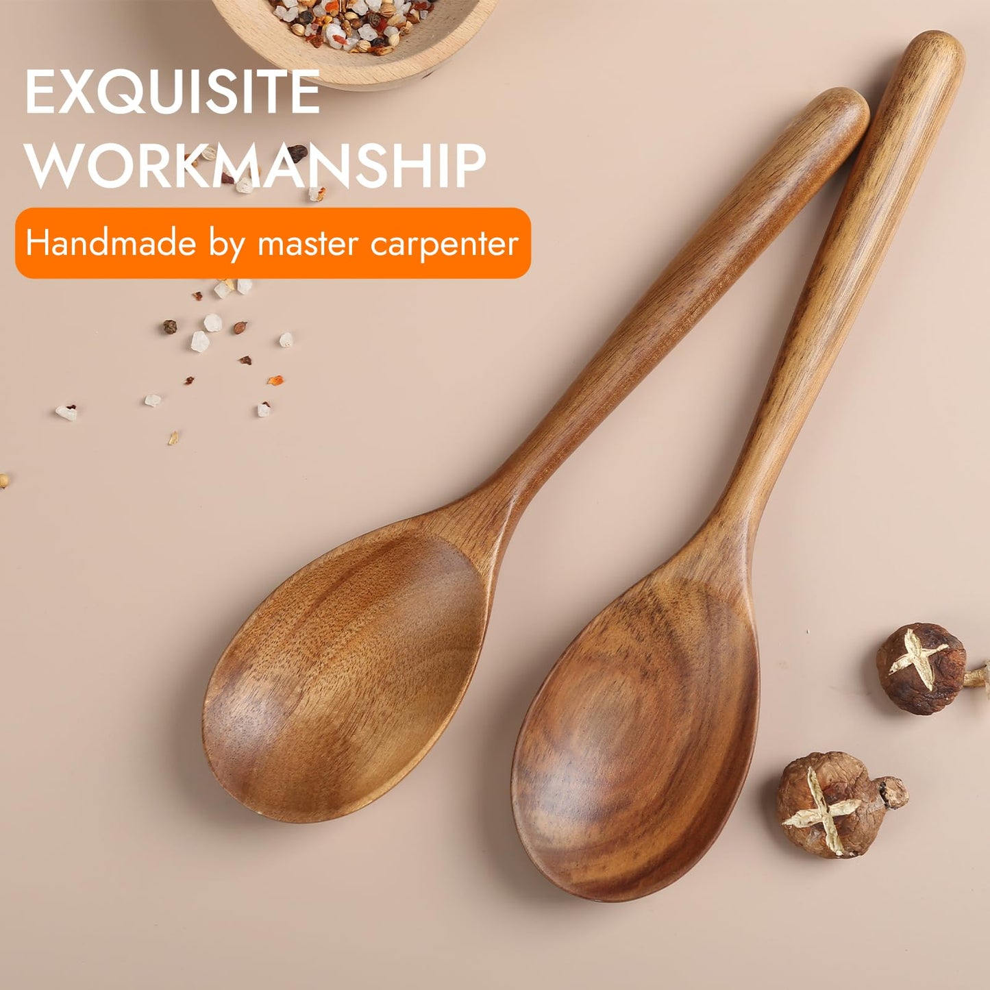 Kitchen Wooden Cooking Spoon, Solid Acacia Wood Serving Spoons for Mixing Stirring, Nonstick Kitchen Utensils Tableware Ladle Scoop for Soup Stews Salad Pasta Sauce Chili (2 Pieces)