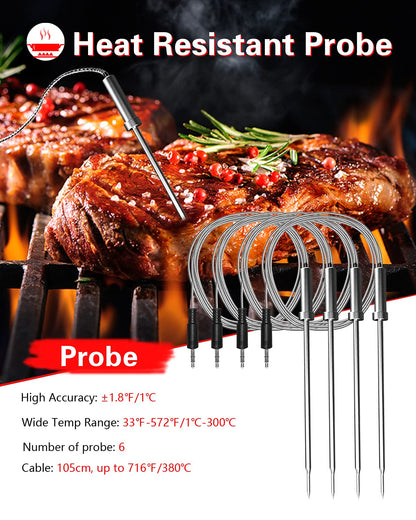 BFOUR Bluetooth Meat Thermometer Wireless Meat Thermometer, Wireless Digital Grill Thermometer with 6 Temperature Probes, Large LCD Display, Bluetooth Thermometer for Grill, Smoker, Oven and BBQ