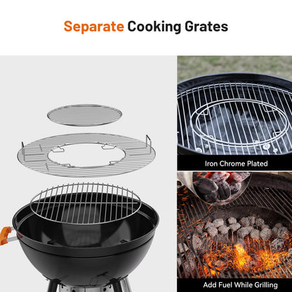 KEYO GRILL 22.5-inch Kettle Charcoal Grill with Detachable Side Table, Portable Charcoal Grills with Adjustable Vents, Outdoor BBQ Grill with Wheels for Camping, Tailgating and Backyard Cooking