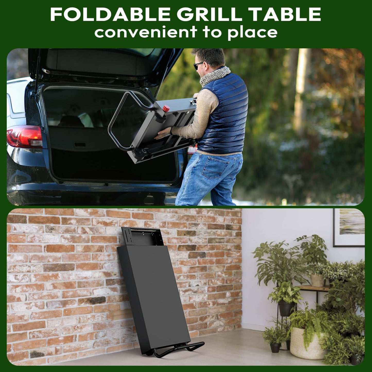 NUUK 31"x17" Outdoor Foldable BBQ Grill Table Cart Portable Folding Prep Worktable for Outside Cooking, Pizza Oven, Heavy-Duty 300LBS Capacity with Universal Wheels, Hander