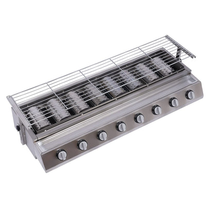 Commercial 8 Burner Gas Countertop Griddle with Smokeless Yakitori Grill, Adjustable Height LPG Propane Indoor Griddle, Removable Grill Net