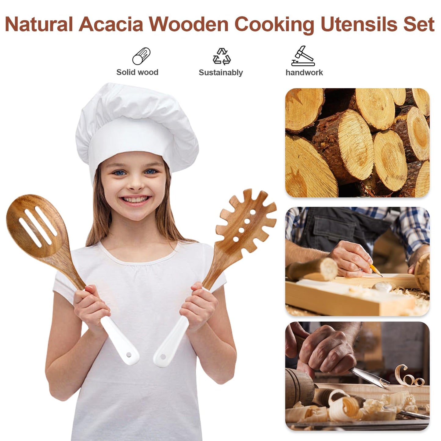 ROSOS Wooden Spoons For Cooking, 6 Pieces Natural Acacia Wooden Cooking Utensils or Non-Stick Wood Kitchen Utensil Set for Kitchen Essentials, Wooden Cooking Utensils Set with Hanging Hole, White