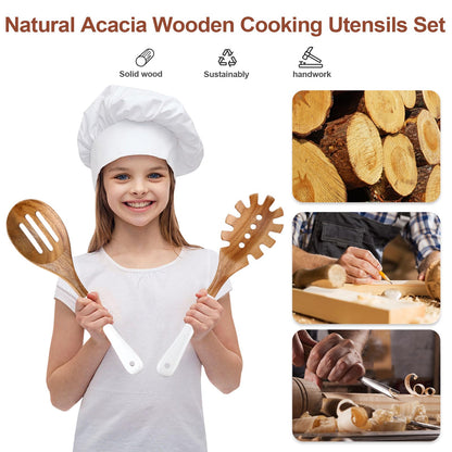 ROSOS Wooden Spoons For Cooking, 6 Pieces Natural Acacia Wooden Cooking Utensils or Non-Stick Wood Kitchen Utensil Set for Kitchen Essentials, Wooden Cooking Utensils Set with Hanging Hole, White