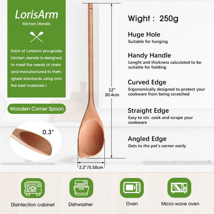 LorisArm 12" Wooden Corner spoon, Solid Wood Spatula & Spoon, Handcraft Wood Spoonula Cooking Utensil, Kitchen Spatulas for Baking, stirring, Serving, Scraping.