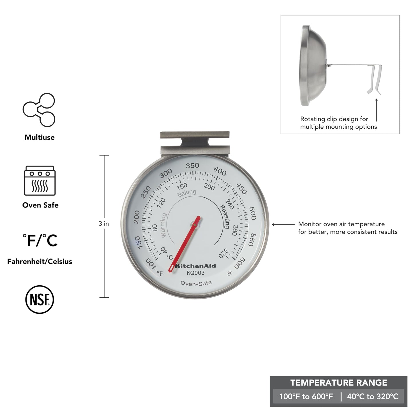 KitchenAid 3-in Dial Oven Thermometer, Temperature Range: 100°F to 600°F