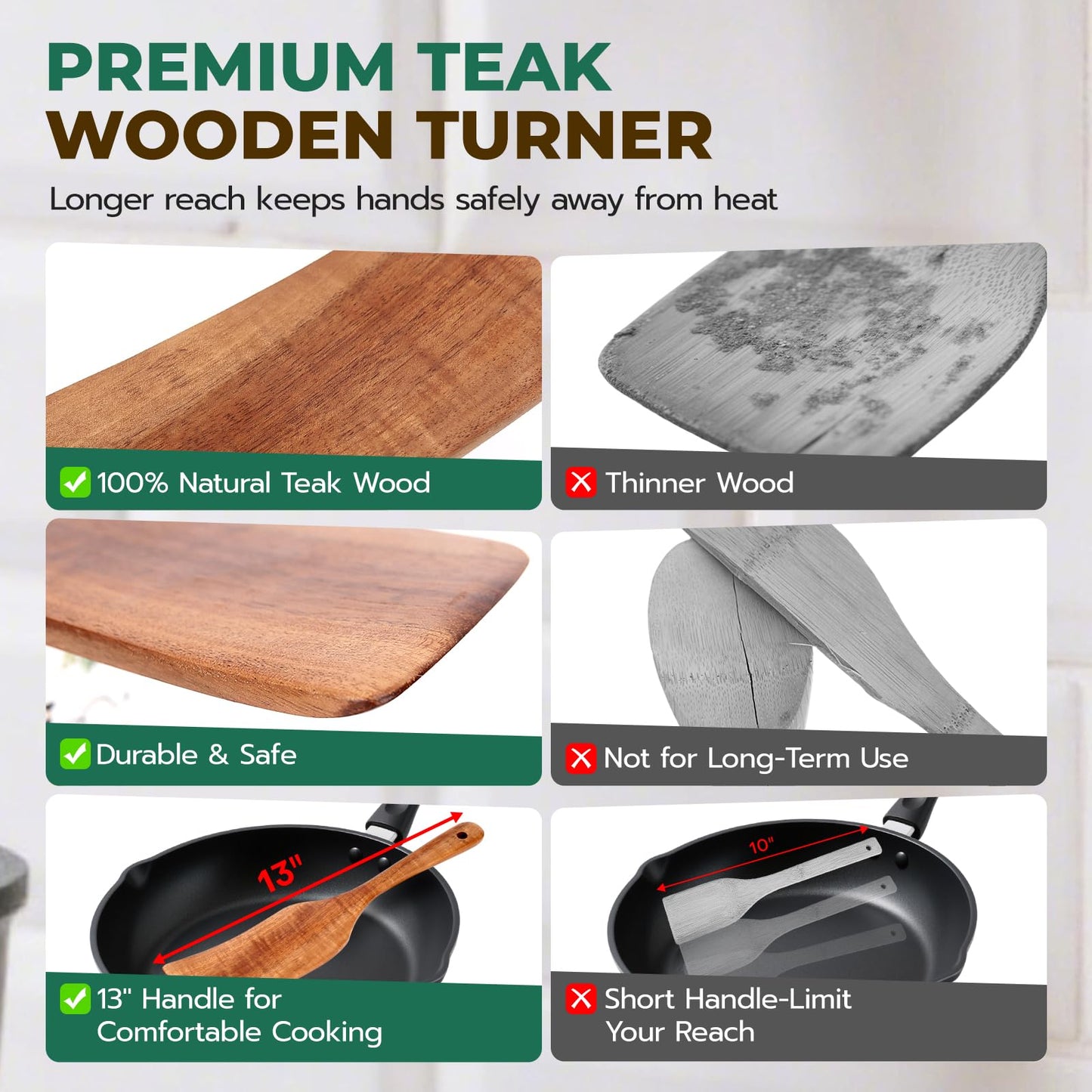 KAQISE Wooden Spatula for Cooking, Heat-Resistant Teak Wood Spatula/Turner, Kitchen Utensil with Smooth Finish,Non-Scratch Non-Stick Pans, Long Handle Handcrafted Scraper Spurtle for Flipping,Serving