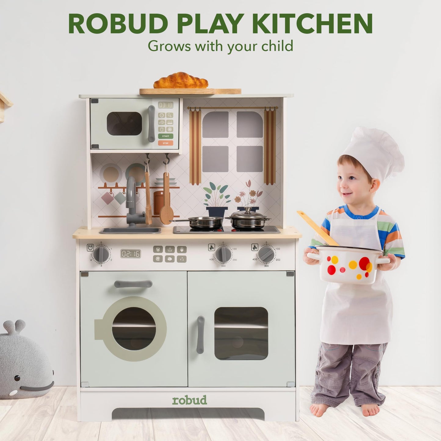 ROBUD Play Kitchen for Kids, Wooden Kids Kitchen Playset with Lights & Sounds, Pots, Cookware, Pretend Kitchen Gift for Boys Girls, Green Modern Look, Age 3+
