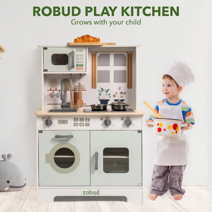 ROBUD Play Kitchen for Kids, Wooden Kids Kitchen Playset with Lights & Sounds, Pots, Cookware, Pretend Kitchen Gift for Boys Girls, Green Modern Look, Age 3+