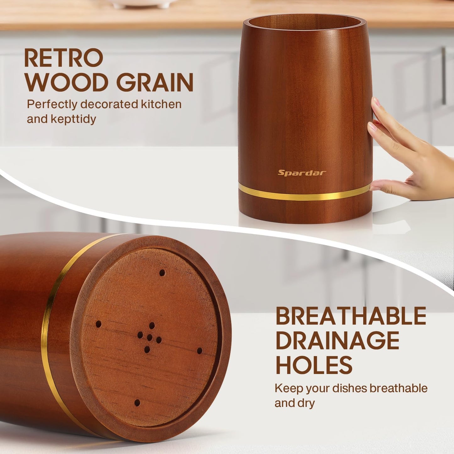 Spardar Wooden Kitchen Utensils, 12 Piece Set Wooden Spoon Set with 9 Teak Wood Cooking Spoons, Spoon Rest, Pot Holde, 3.3 Inch Utensil Holder, as Kitchen Decoration and Housewarming Gift