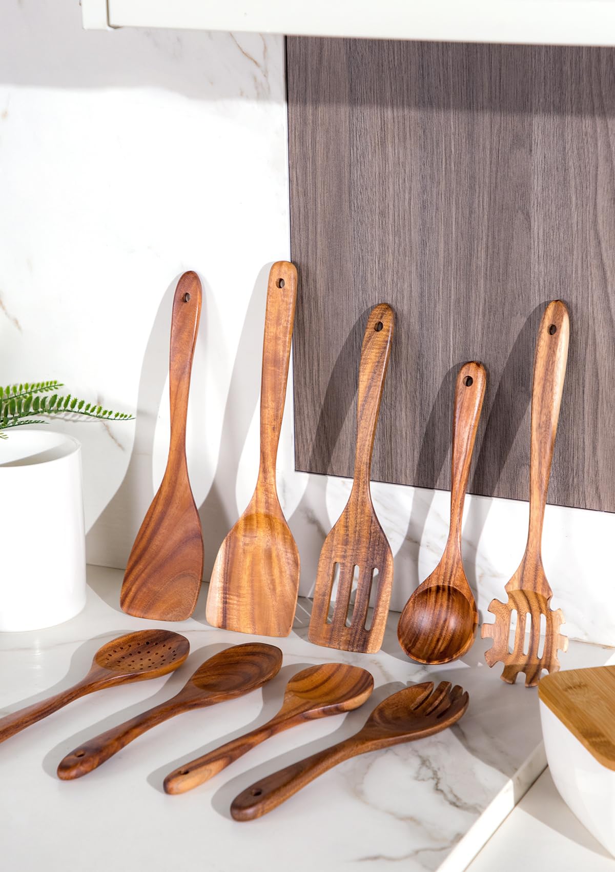 Nucookery Wooden Cooking Utensils Set with Holder, Teak Wood Kitchen Utensils Set, Ceramic Utensils Holder for Countertop, Nonstick Wooden Spoons for Cooking Spatula Set 10 Pcs, Natural Kitchen Decor