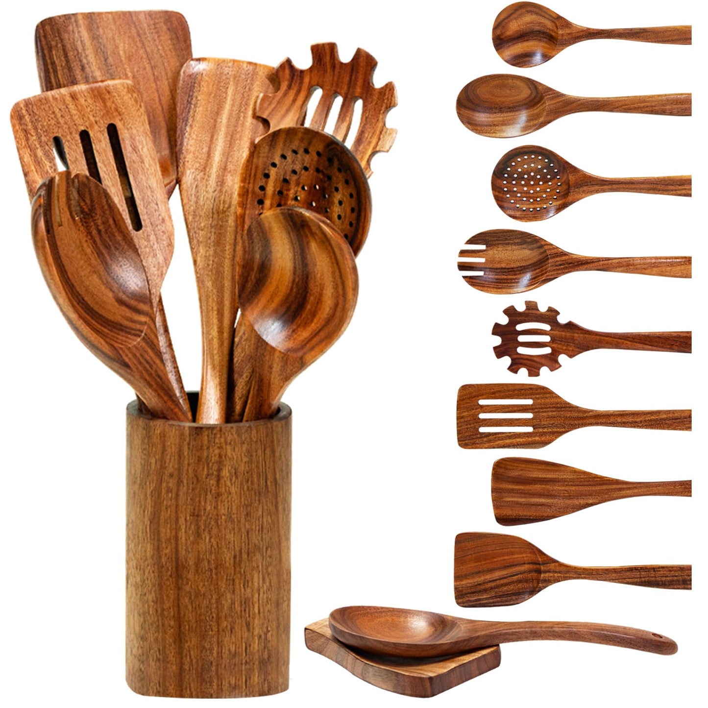Vorisebo Wood Spoons for Cooking, Natural Teak Wooden Utensils Set, 10 Piece Handmade Wooden Utensil Set with Holder and Spoon, Durable Nonstick Kitchen Cookware Tool