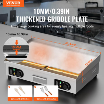 VEVOR 30" Commercial Electric Griddle 3000W Electric Countertop Griddle Non-Stick Restaurant 110V Teppanyaki Flat Top Grill Stainless Steel Adjustable Temperature Control 122°F-572°F (NO PLUG)