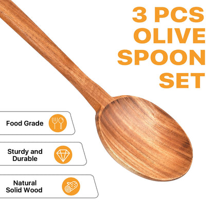 Lainballow 3 Pcs Olive Wood Cooking Spoon Set, Wooden Spoons, Long Handle Wooden Cooking Utensil, Large Wooden Utensils for Cooking Serving Mixing Stirring(12 in, 12 in, 11.2 in)