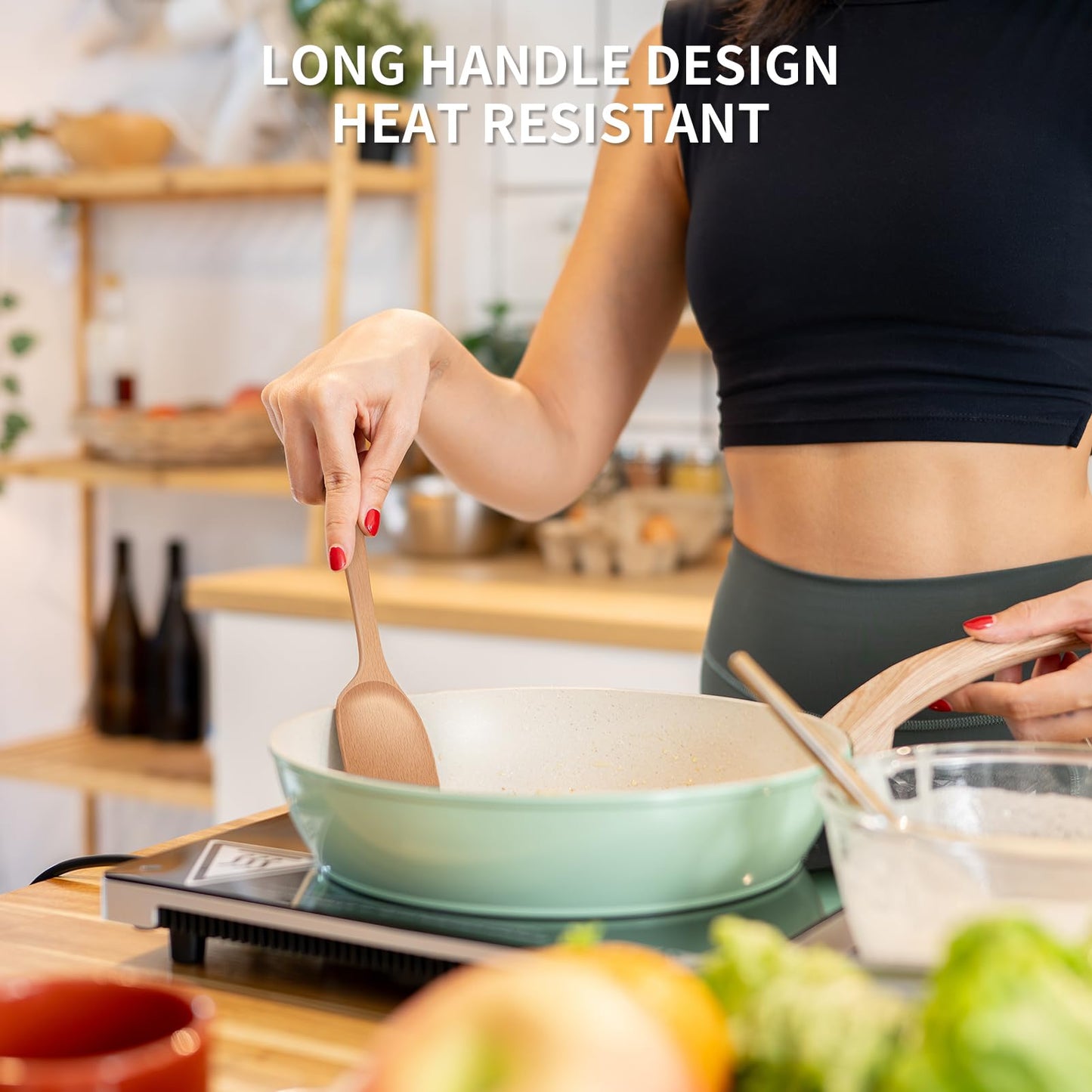 Airesly Wooden Spatula,Premium Beech Wood Spatula with Long Handle, Non-Stick Flat Frying & Wok Turner for Kitchen Cookware - Handmade Kitchen Essentials for Cooking