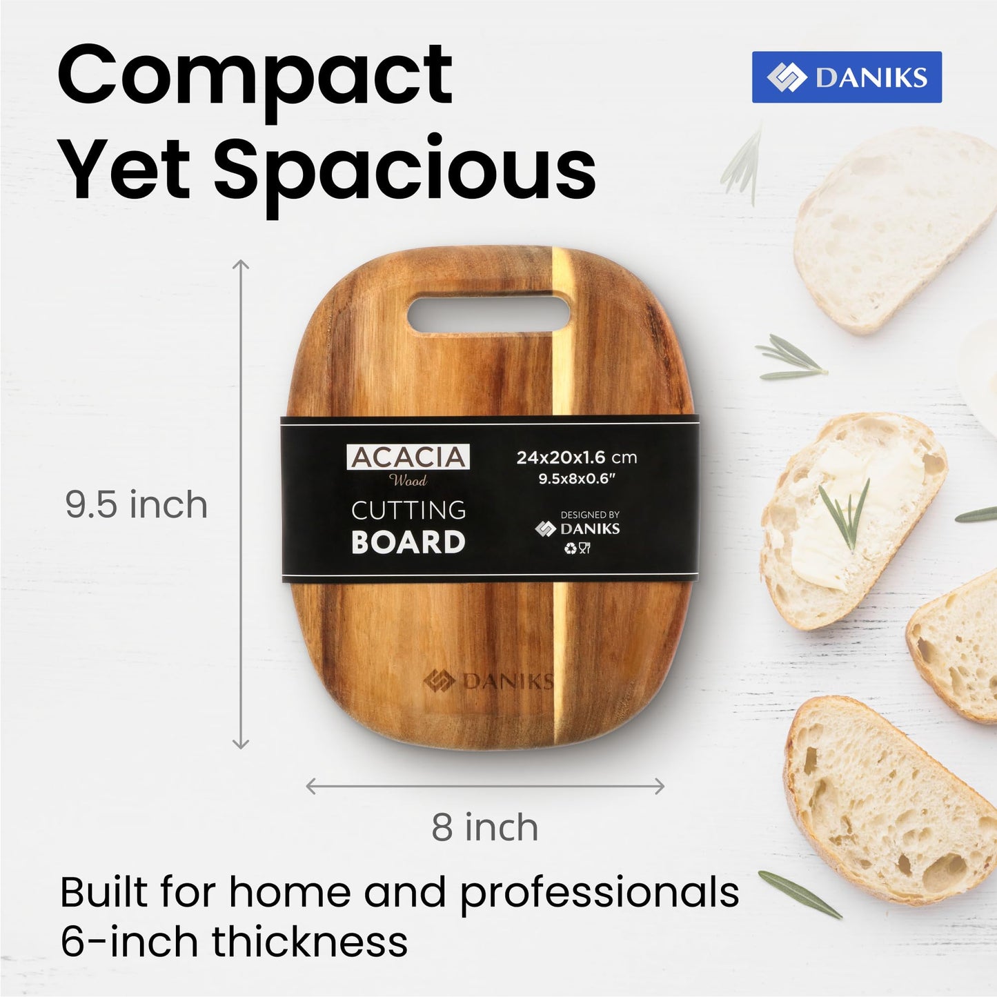 Daniks 100% Natural Acacia Wood Cutting Board 9,5х8” – Extra Thick, Heavy Duty Wooden Chopping Board for Kitchen & Serving – Perfect for Fruits, Vegetables, Meat, and Bread – BPA Free, Eco-Friendly