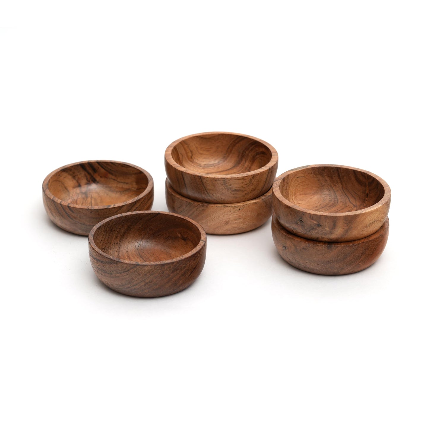 WEBHUSHI Acacia Wood Bowls: Handcrafted, Rustic, 6 Bowls of 3.75-inch, 0.25 liters Capacity Each