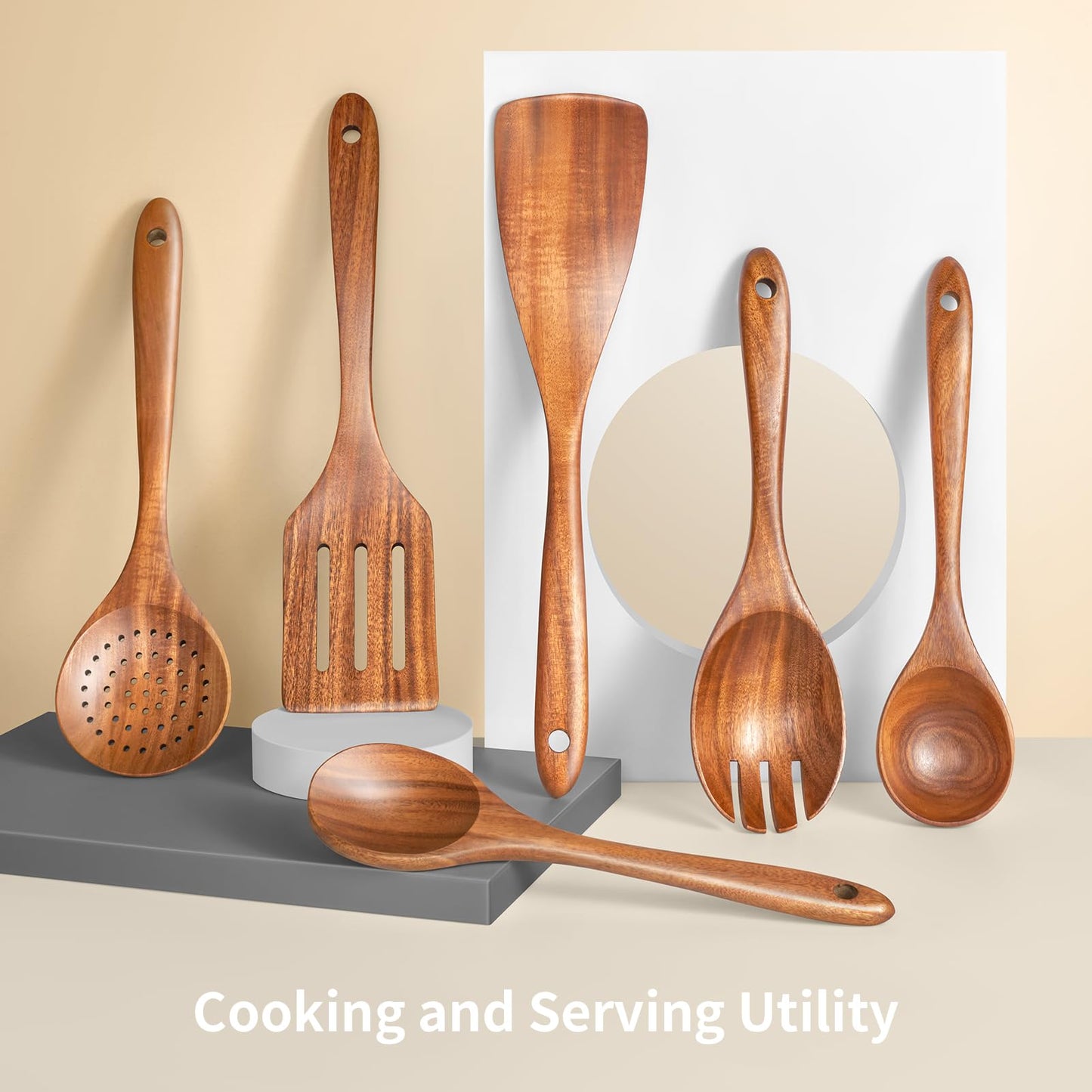 Wooden Utensil Set,Premium Teak Wooden Kitchen Utensil Set- 6 Piece Handcrafted, Wooden Kitchen Utensils Set for Cooking,Durable Cooking Utensils for Nonstick