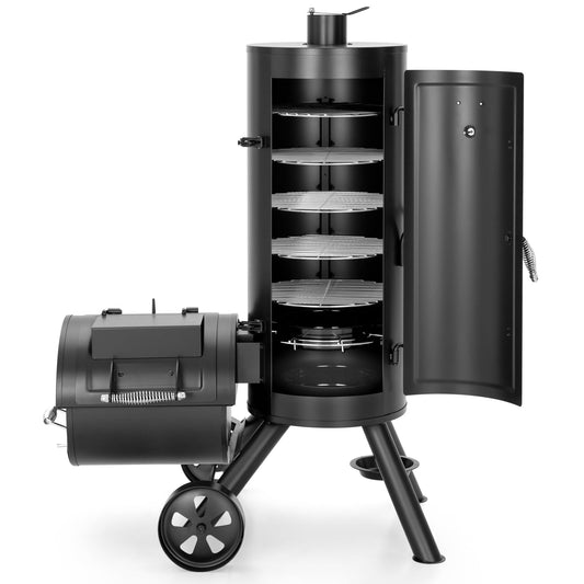 Captiva Designs Charcoal Vertical Smoker Grill and Offset Smoker Grill Combo, Extra Large Outdoor Barrel BBQ Meat Smoker with 5 Removable Smoking Grates & Built-in Hooks for Various Meat Foods