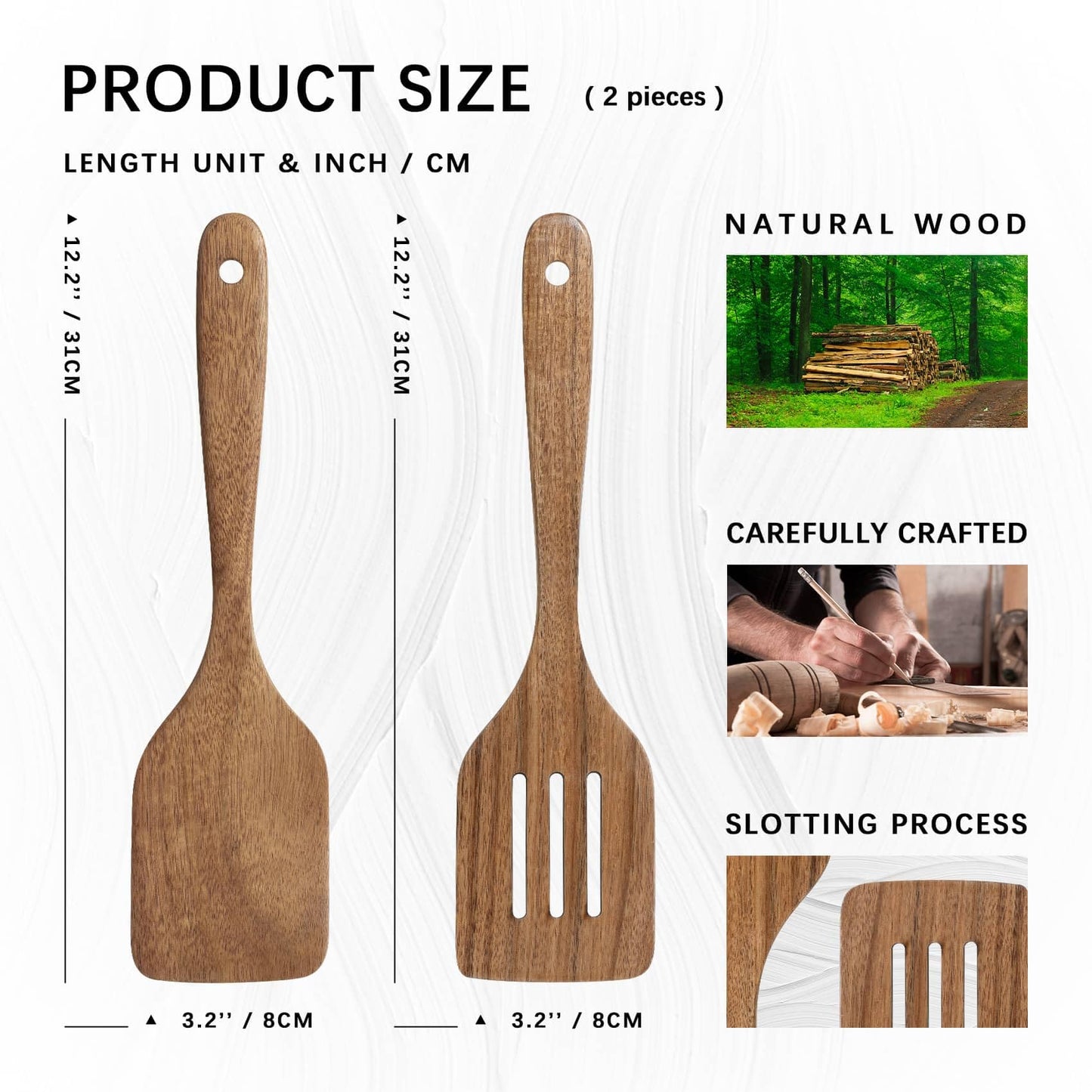 Hefild 2PCS Wooden Spatulas for Cooking, 12 inch Wood Spatulas Set with Flat Wood Spatula & Slotted Spatula – Acaciawood Cooking Utensils for Nonstick Pans – Wooden Spoons for Cooking