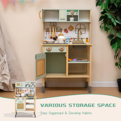 Garsing Play Kitchen for Kids Toddlers with Sounds, Wooden Kids Kitchen Playset with Realistic Features, Modern Toy Kitchen Sets with Storage and Accessories for Boys Girls, Age 3+, Green