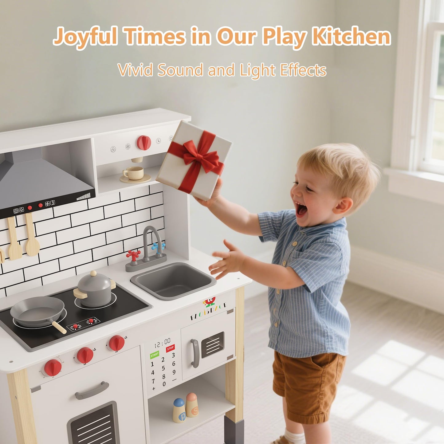 Wooden Play Kitchen for Kids, Interactive Kitchen Playset with Microwave, Range Hood Lights & Sounds, Stove, Sink, and Accessories, Realistic Toy Kitchen, for Boys & Girls