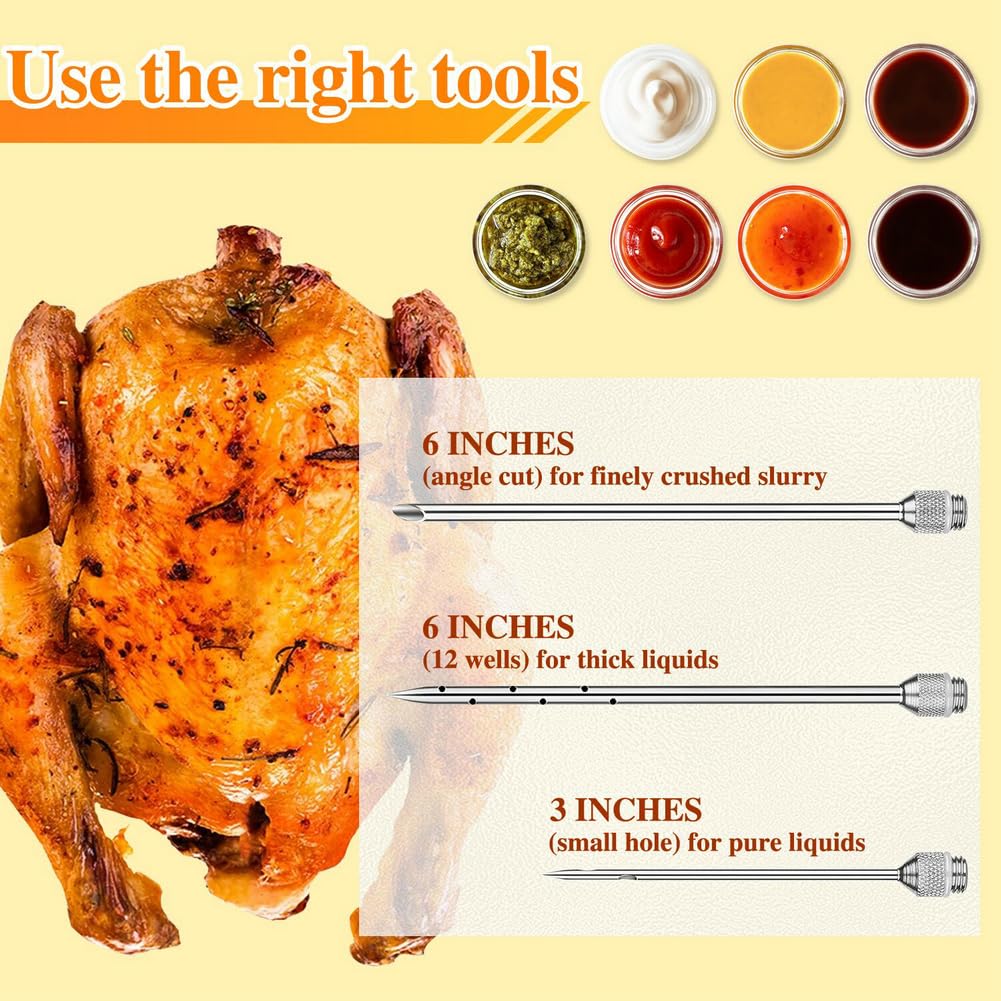 PEOUWNES 304-Stainless Steel Meat Injector Syringe Kit with 3 Marinade Needles for BBQ Grill Smoker, Turkey, Beef, Brisket, Fish, 2-oz Large Capacity, Silicone Brush and Cleaning Brush