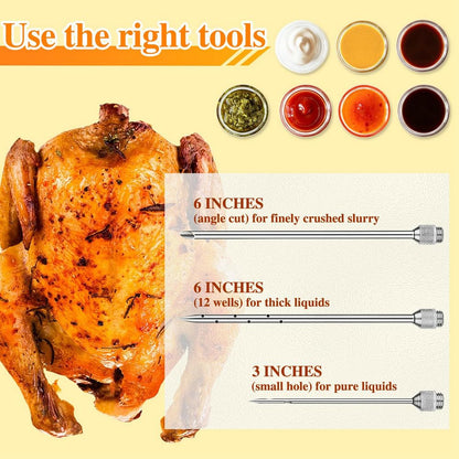 PEOUWNES 304-Stainless Steel Meat Injector Syringe Kit with 3 Marinade Needles for BBQ Grill Smoker, Turkey, Beef, Brisket, Fish, 2-oz Large Capacity, Silicone Brush and Cleaning Brush