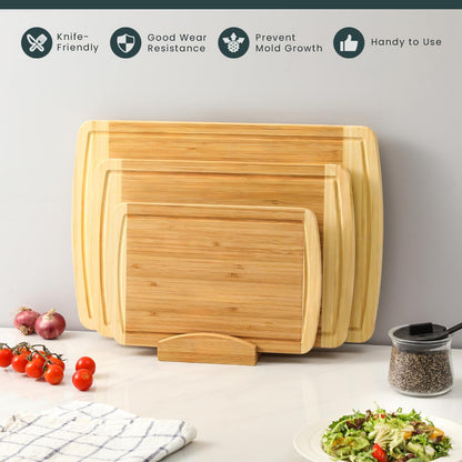 Hiware Extra Large Bamboo Cutting Board with Holder, Durable Wood Cutting Board for Kitchen with Juice Grooves & Built-in Handles, Heavy Duty Chopping Board for Meat, Vegetables - Two Tone, Set of 3