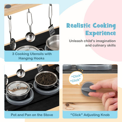 HONEY JOY Fir Wood Outdoor Play Kitchen for Toddlers, Realistic Faucet & Water Tank, Stoves, Sink, Storage Shelf, Outside Kitchen Playset, Mud Kitchen for Kids Outdoor Backyard